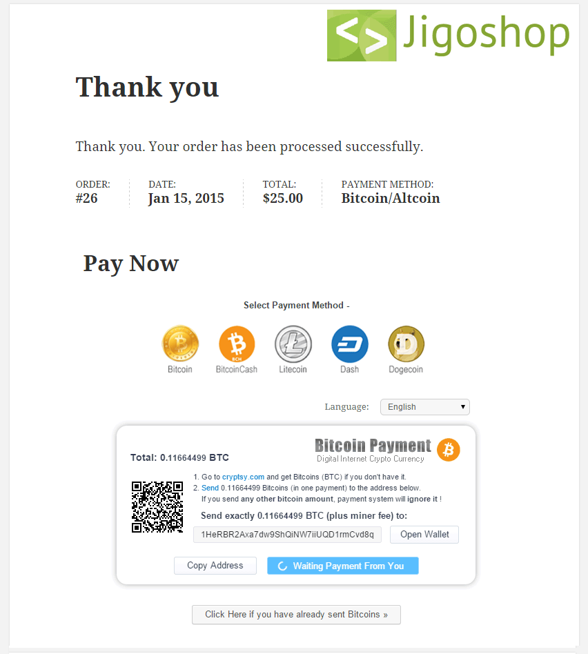 Jigoshop Bitcoin Payment Page