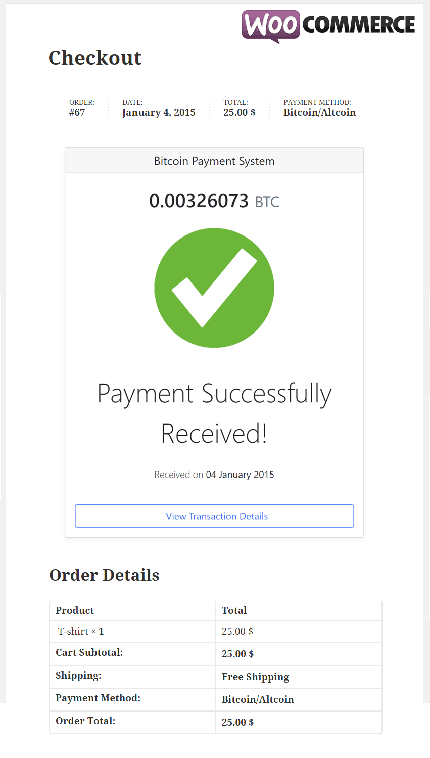 Bitcoin Payment for Woocommerce Received